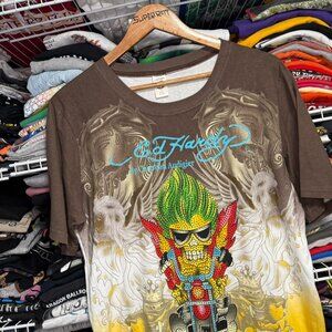 Vintage Ed Hardy biker embellished graphic t shirt xxl brown white yellow